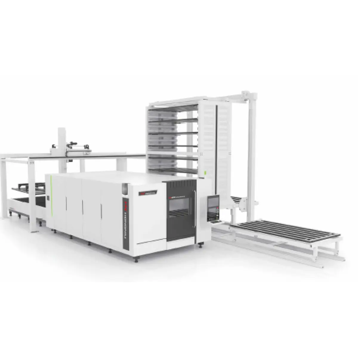 Mașină automatizată pentru debitare cu laser fibră, cu sistem automat de încărcare, descărcare și depozitare a materialelor