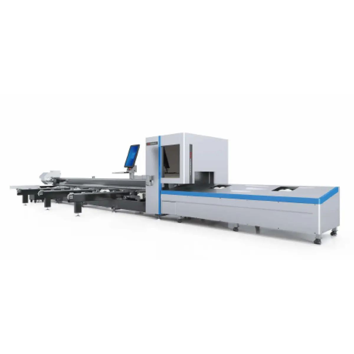 Mașină CNC cu laser fibră pentru debitarea țevilor și profilelor metalice cu încărcare semiautomată