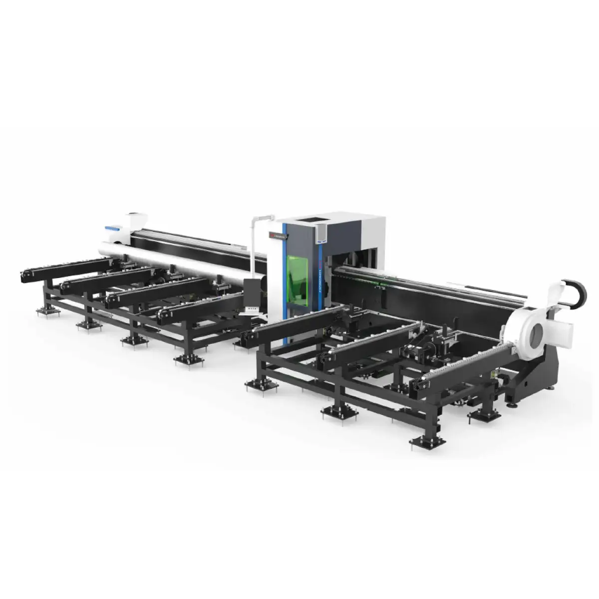 Mașină CNC cu laser fibră pentru debitarea țevilor și profilelor metalice cu trei mandrine și încărcare semiautomată