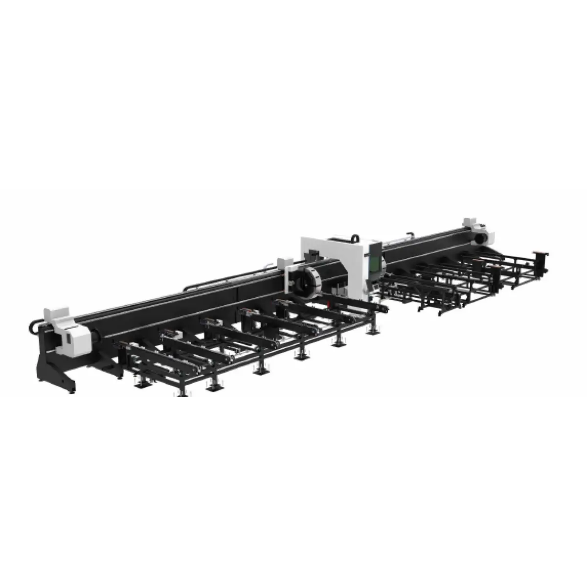 Mașină CNC cu laser fibră pentru debitarea țevilor și profilelor metalice cu patru mandrine